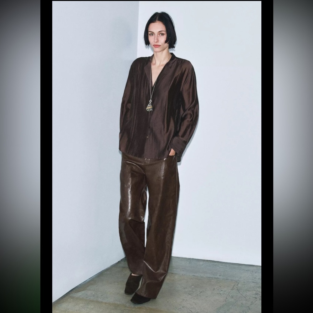 NWT Zara ZW Collection Faux Brown Leather Straight Pants size M